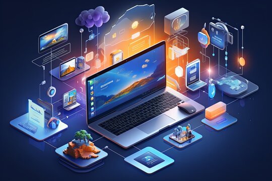 cloud services and business people touch laptop user interface with technology concept isometric ill