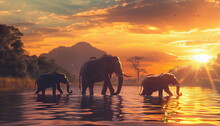 A family of elephants bathing in a river against a sunset backdrop