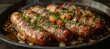 A sizzling pan of succulent sausages and marinated meats, bursting with the savory aroma of spices and onions, ready to be devoured in a mouthwatering feast of indoor barbecue cuisine