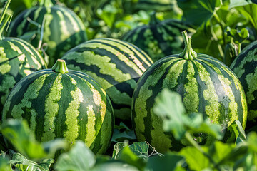 Wall Mural - Ripe green striped watermelons at a watermelon farm.