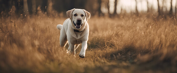 Portrait of a walking Labrador dog in the park.