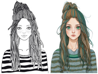 Wall Mural - Cute Girl in a green knitted striped sweater. Adult coloring book page. Black and white Hand drawn picture and coloring illustration. Sketch. Vector illustration. Zentangle style.