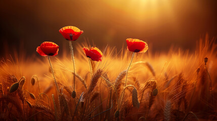 Wall Mural - Beautiful red poppies grow on a wheat field in golden lighting.