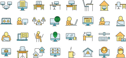 Poster - Home office icons set. Outline set of home office vector icons thin line color flat on white