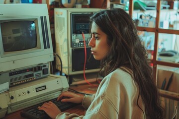 female software engineer working on old vintage computer