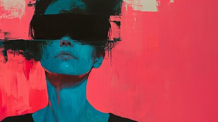 Wall Mural - Double exposure portrait of a beautiful woman in virtual reality glasses. Modern cyberpunk style