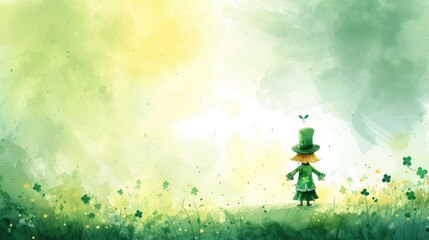 This is an enchanting, digital art illustration portraying a small child wearing a large hat and dressed in green, facing away from the viewer, and standing in the middle of a lush, green meadow fille