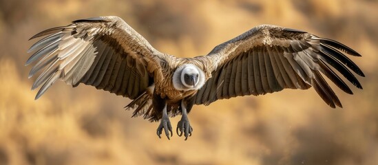 Canvas Print - A large white-backed vulture is captured in mid-flight, gracefully soaring through the air with its wings outstretched and feet extended as it prepares to land. The powerful bird exudes a sense of