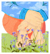 Ilustracja postać siedząca na trawie splecione dłonie, niezapominajki.