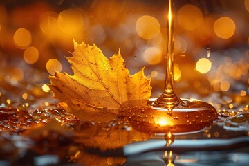 Wall Mural - Flowing maple syrup with maple leaf.