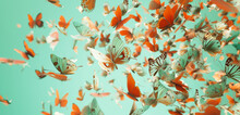 A Kaleidoscope Of Butterflies In Mid-flight, Creating A Dynamic Pattern Of Movement And Color Against A Soft Mint Green Background