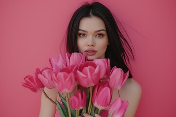 A young woman poses against a wall, her human face adorned with a bouquet of artificial pink roses in a fashion photo shoot, capturing the delicate beauty of both the person and the flowers