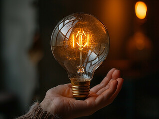 Wall Mural - Hand holding a glowing light bulb, representing innovation and energy
