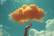 A person holds a cloud in the sky, surrounded by billowing smoke and the vastness of the outdoors