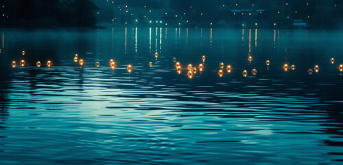 Wall Mural - A serene lake scene at dusk, where the water reflects a tapestry of festival lights, set against a background transitioning from teal to navy blue