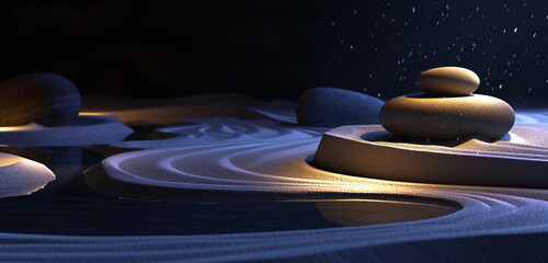 Wall Mural - A serene Zen garden at night, with sand patterns glowing in amoled colors under a black sky, presented in detailed 3D, 8K, inviting contemplation