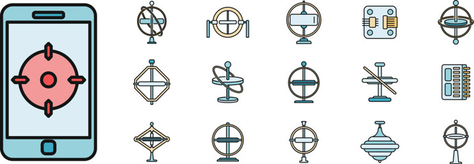 Gyroscope instrument icons set. Outline set of gyroscope instrument vector icons thin line color flat on white