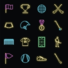 Canvas Print - Hurling game icons set. Outline set of hurling game vector icons neon color on black