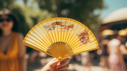 Sticker - Woman in White Top Holding Yellow Fan