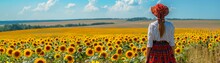 Ukrainian Vyshyvanka Amidst Sunflower Fields, Bright Blue Sky Above