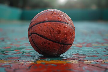 Wall Mural - A solitary basketball awaits its next game, perched on the outdoor ground as a symbol of determination and the love for the ball game