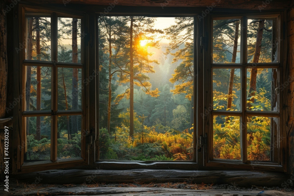 Through a window adorned with vibrant autumn leaves, the sun spills its ...
