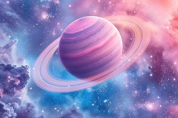 Wall Mural - planet with rings in the galaxy in pastel blue pink colors, fantasy space illustration