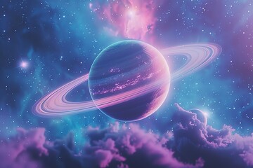 Wall Mural - planet with rings in the galaxy in pastel blue pink colors, fantasy space illustration