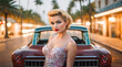© Ole - Attractive sexy and gorgeous blonde 1950s style pinup standing by a vintage car in the evening with palm trees in the background.