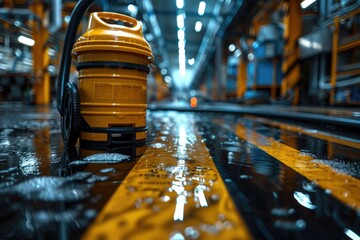 Close-up of professional wet floor cleaning equipment in use.