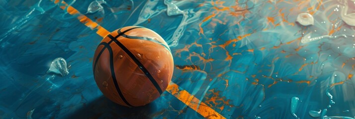 Wall Mural - Aquatic Basketball Dreams - A basketball floating on reflective water. Design with copy space,panoramic banner, advertising.