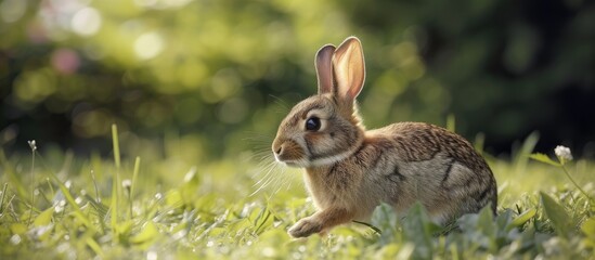 Wall Mural - A small brown female rabbit is captured in motion as it hops gracefully through the grass, displaying its delicate beauty in its natural habitat.