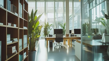 a room with large window and desk with computers