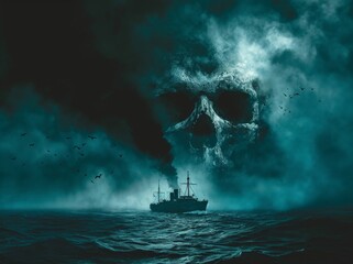 Sticker - a ship in water with skull in background