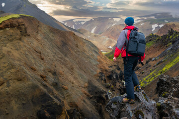 Sticker - Hiker traveling in Landmannalaugar mountains in Iceland