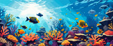 Fototapeta Do akwarium - Underwater vector background, banner. Life at sea or ocean bottom. Exotic undersea world with coral reef, colorful fish, cute underwater creatures. Marine landscape, seascape.