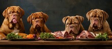A Group Of Adorable Puppies And Majestic Dogue De Bordeaux Dogs Sit Around A Table, Each With A Plate Of Raw Food And Meat In Front Of Them. They Eagerly Consume Their Meal, Showcasing A Delightful