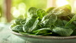 Sun-Kissed Organic Spinach: Fresh spinach leaves with morning dew, illuminated by soft sunlight.
