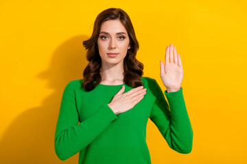 Poster - Photo of serious young girl patriot model trust her life to country government ukraine win this war isolated on yellow color background