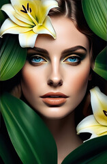 Wall Mural - Designer botanical collage, simple graphics, woman and large lilies, realistic body and facial features.