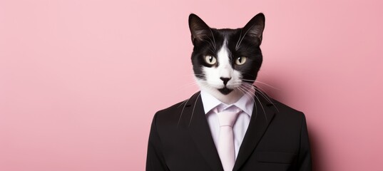 Wall Mural - Anthropomorphic cat in business suit at corporate office, studio shot on plain wall with copy space