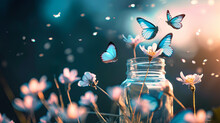 Dreams And Wishes In The Form Of Butterflies Fly Out Of A Jug On A Spring Blue Background