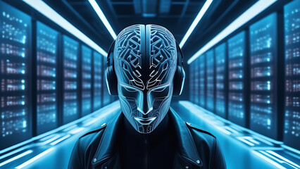 Wall Mural - Cyborg with AI brain. Humanoid, artificial intelligence, android, data, information technology