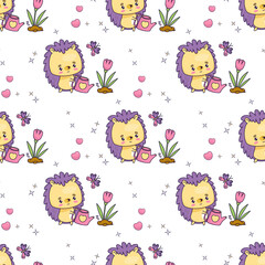 Wall Mural - Seamless pattern with hedgehog with garden watering can