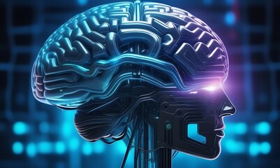 Wall Mural - Humanoid robot with human brain. Futuristic AI