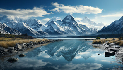 Wall Mural - Majestic mountain peak reflects in tranquil icy blue water generated by AI