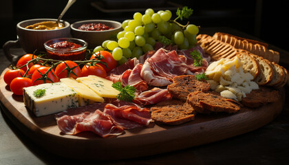 Canvas Print - Freshness on a rustic table gourmet meat, bread, and fruit generated by AI