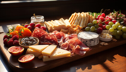 Canvas Print - Fresh fruit, cheese, and meat on rustic wooden table generated by AI