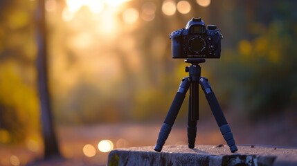 Canvas Print - Camera on Tripod With Blurry Background