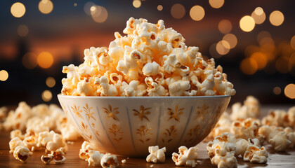 Wall Mural - Fluffy caramel corn, a sweet movie snack in a bowl generated by AI